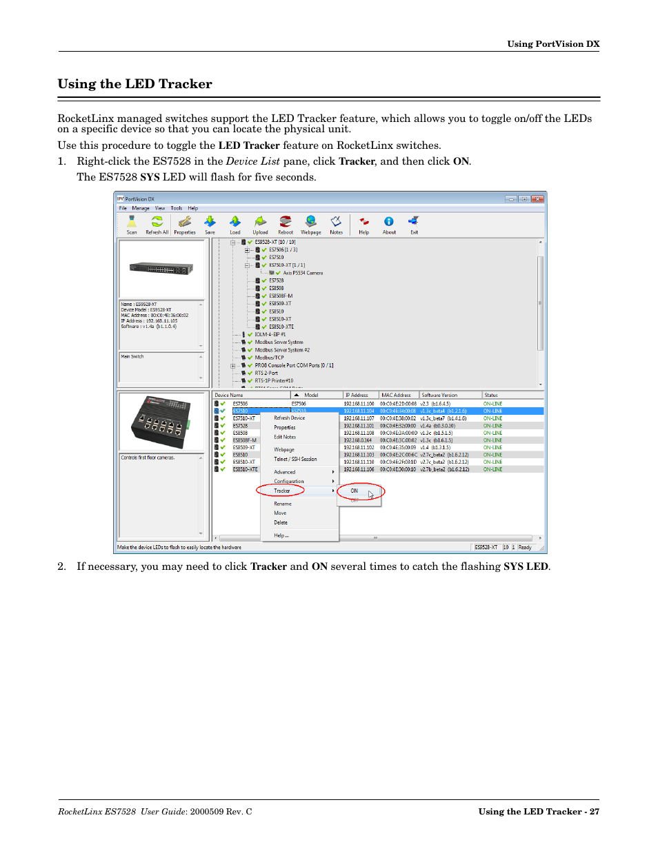 Using the led tracker | Comtrol ES7528 User Manual | Page 27 / 224