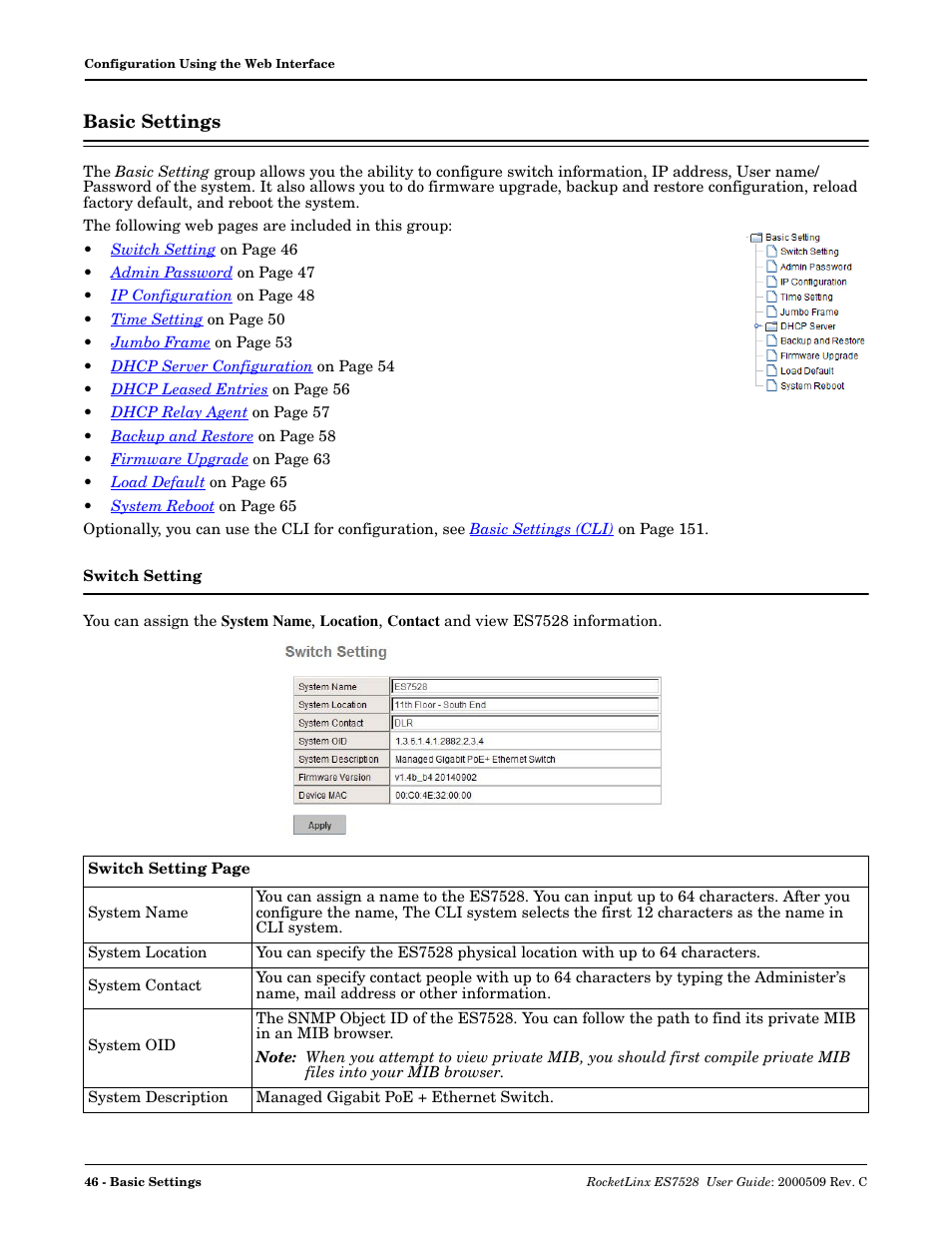 Basic settings, Switch setting | Comtrol ES7528 User Manual | Page 46 / 224