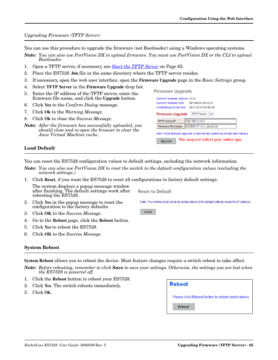 Upgrading firmware (tftp server), Load default, System reboot | Load default system reboot | Comtrol ES7528 User Manual | Page 65 / 224