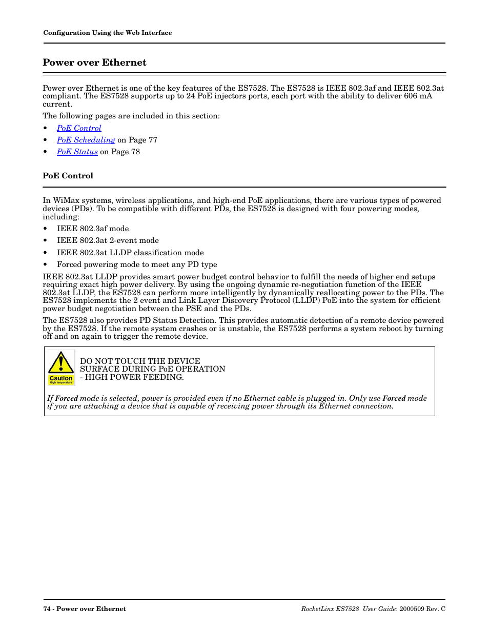 Power over ethernet, Poe control | Comtrol ES7528 User Manual | Page 74 / 224
