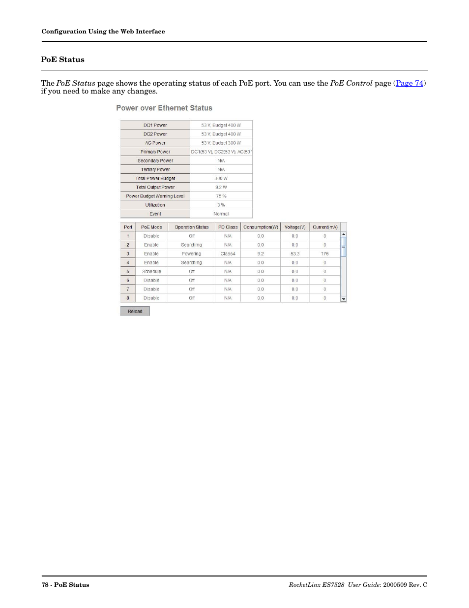 Poe status | Comtrol ES7528 User Manual | Page 78 / 224