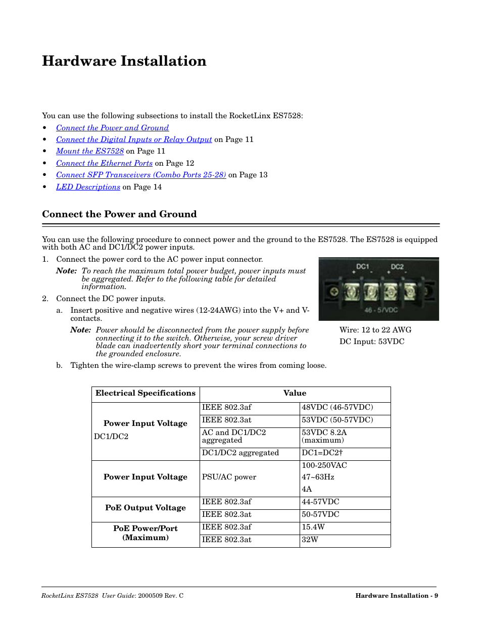 Hardware installation, Connect the power and ground | Comtrol ES7528 User Manual | Page 9 / 224