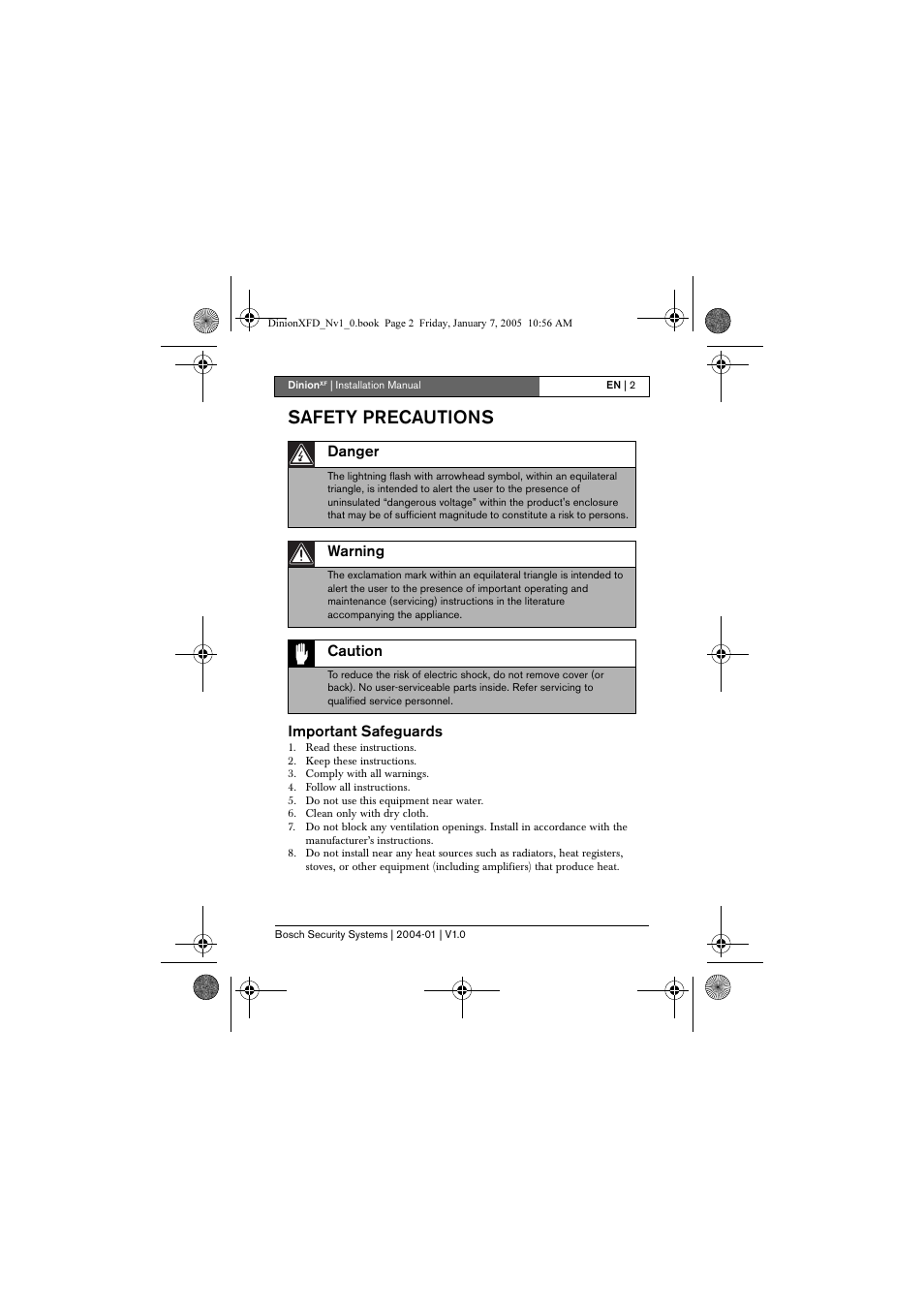 Safety precautions, Important safeguards | Bosch DINIONXF LTC 0495 User Manual | Page 2 / 29