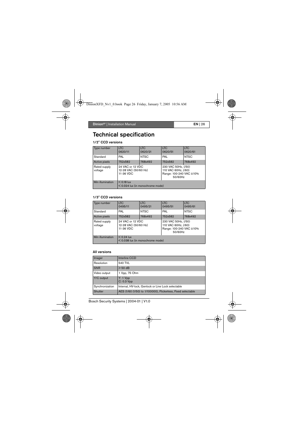 Technical specification | Bosch DINIONXF LTC 0495 User Manual | Page 26 / 29