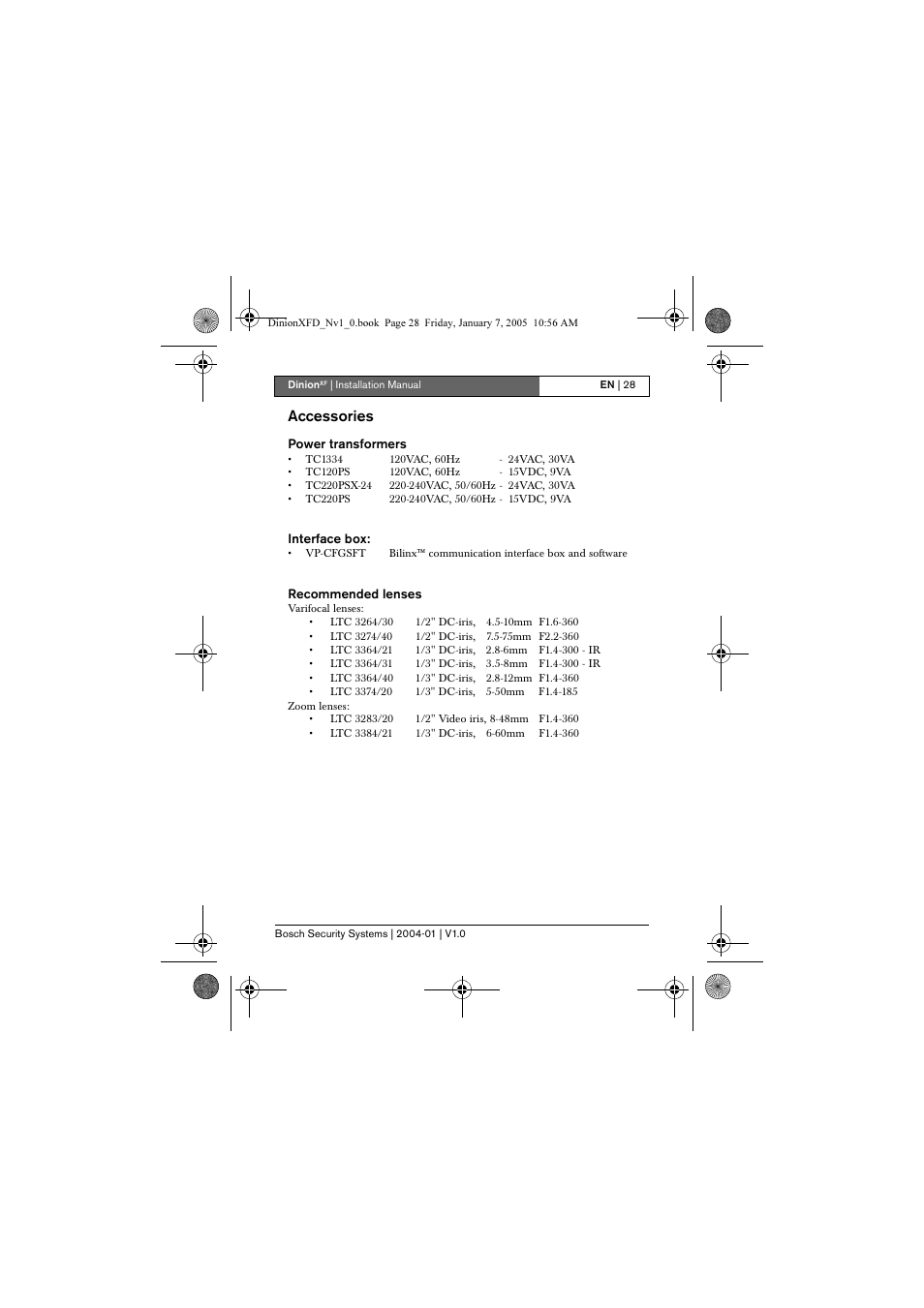 Accessories, Power transformers, Interface box | Recommended lenses | Bosch DINIONXF LTC 0495 User Manual | Page 28 / 29