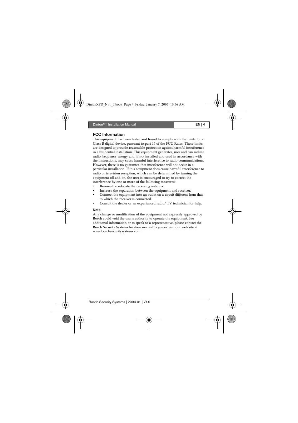 Fcc information | Bosch DINIONXF LTC 0495 User Manual | Page 4 / 29