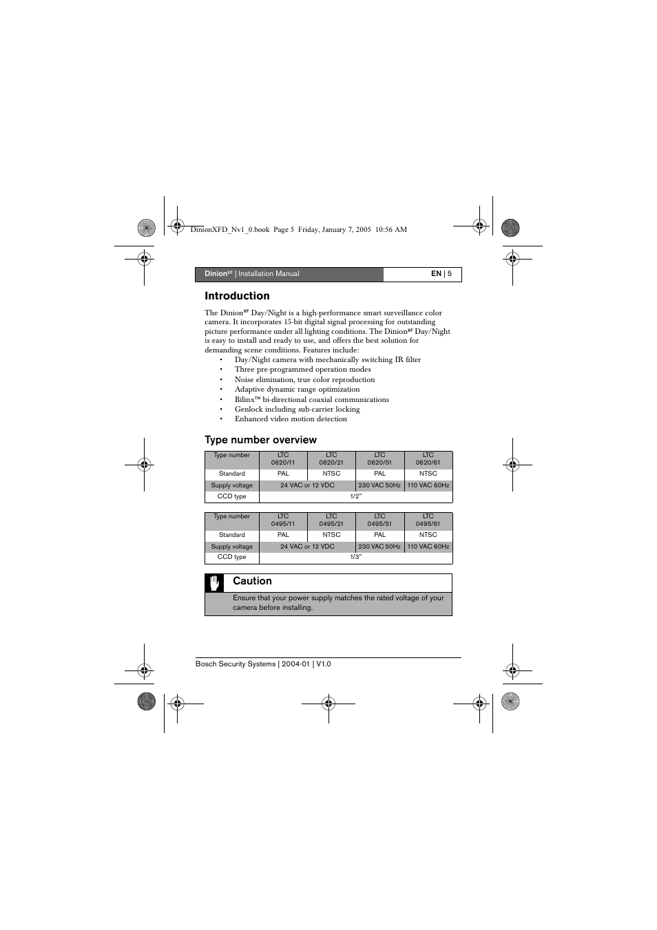 Introduction, Type number overview, Caution | Bosch DINIONXF LTC 0495 User Manual | Page 5 / 29