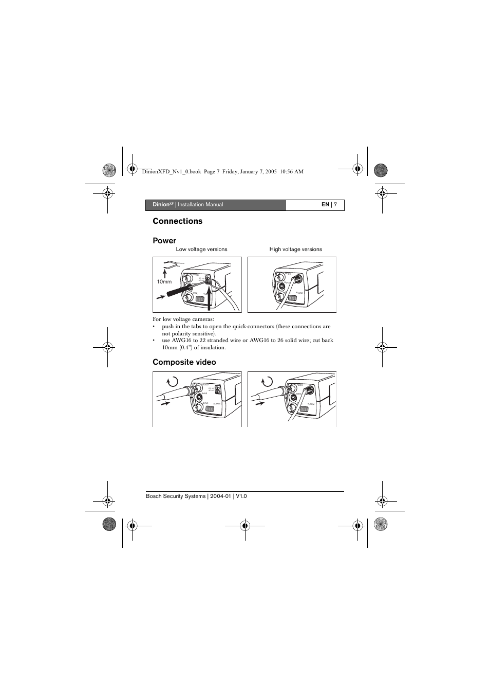 Connections, Power, Composite video | Connections power, Dinion, 10mm | Bosch DINIONXF LTC 0495 User Manual | Page 7 / 29