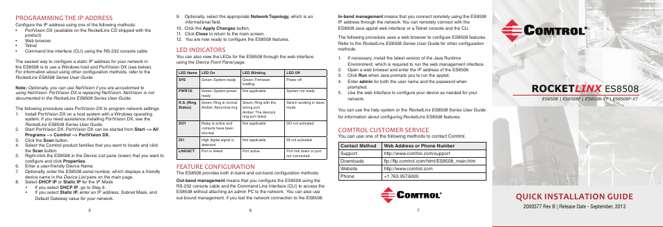 Rocket linx, Es8508, Quick installation guide | Comtrol customer service, Led indicators, Feature configuration, Programming the ip address | Comtrol ES8508 Series Quick Start User Manual | Page 7 / 8