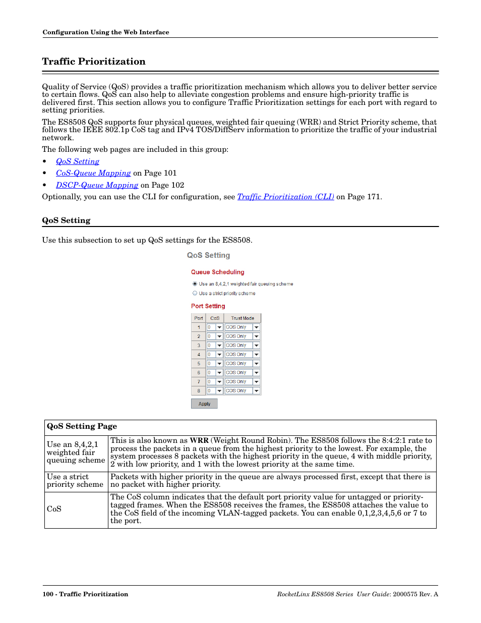 Traffic prioritization, Qos setting | Comtrol ES8508 Series User Guide User Manual | Page 100 / 212