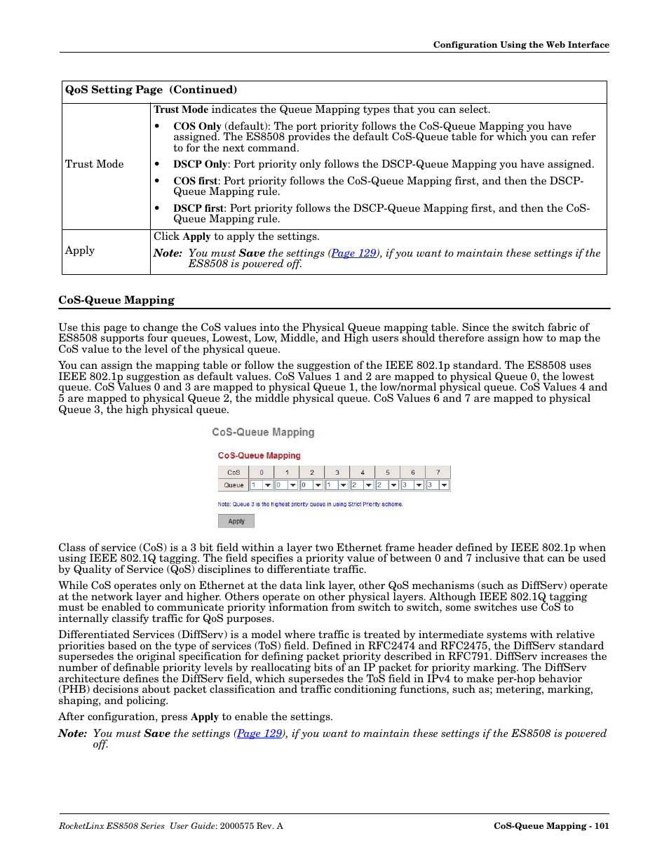 Cos-queue mapping | Comtrol ES8508 Series User Guide User Manual | Page 101 / 212