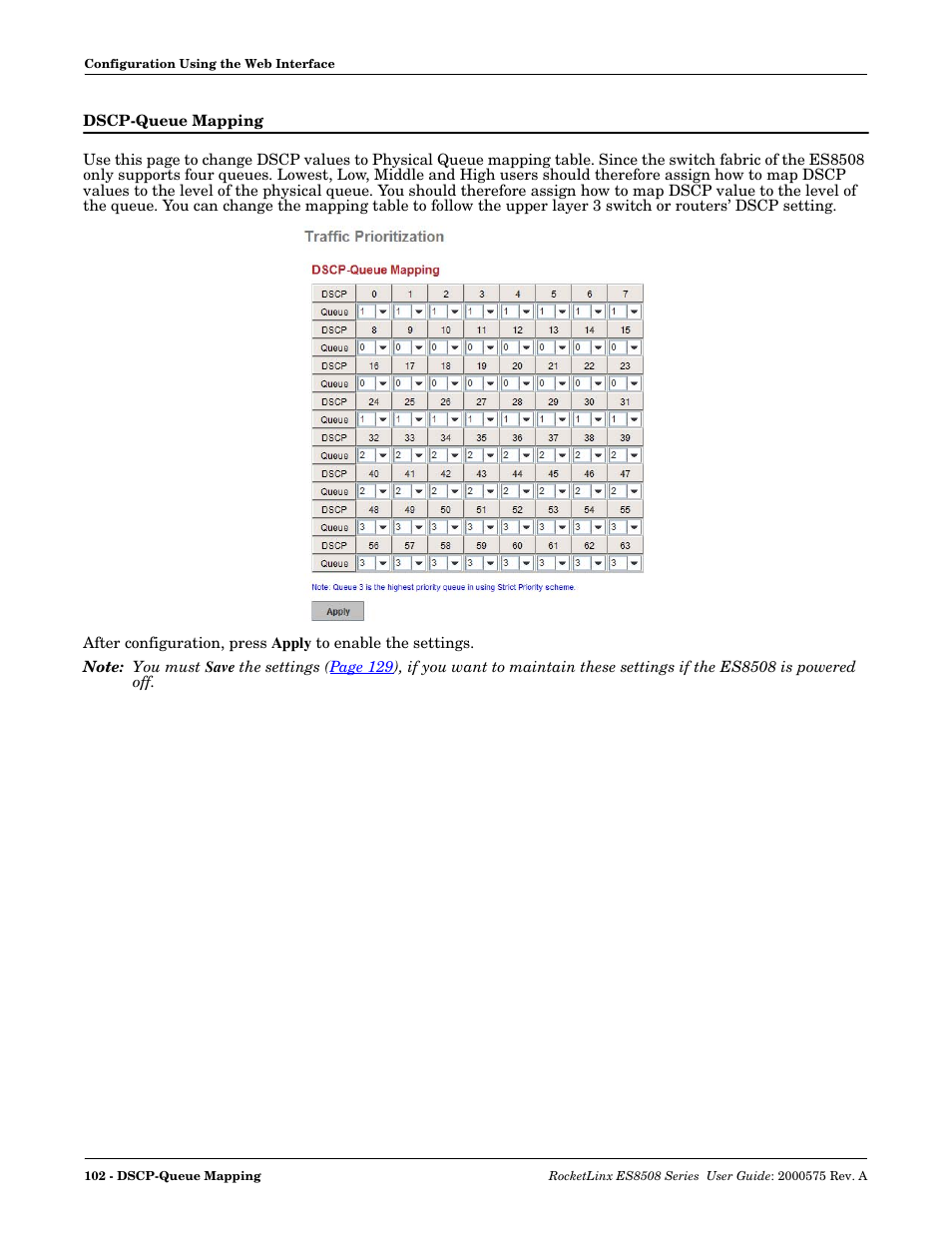 Dscp-queue mapping | Comtrol ES8508 Series User Guide User Manual | Page 102 / 212