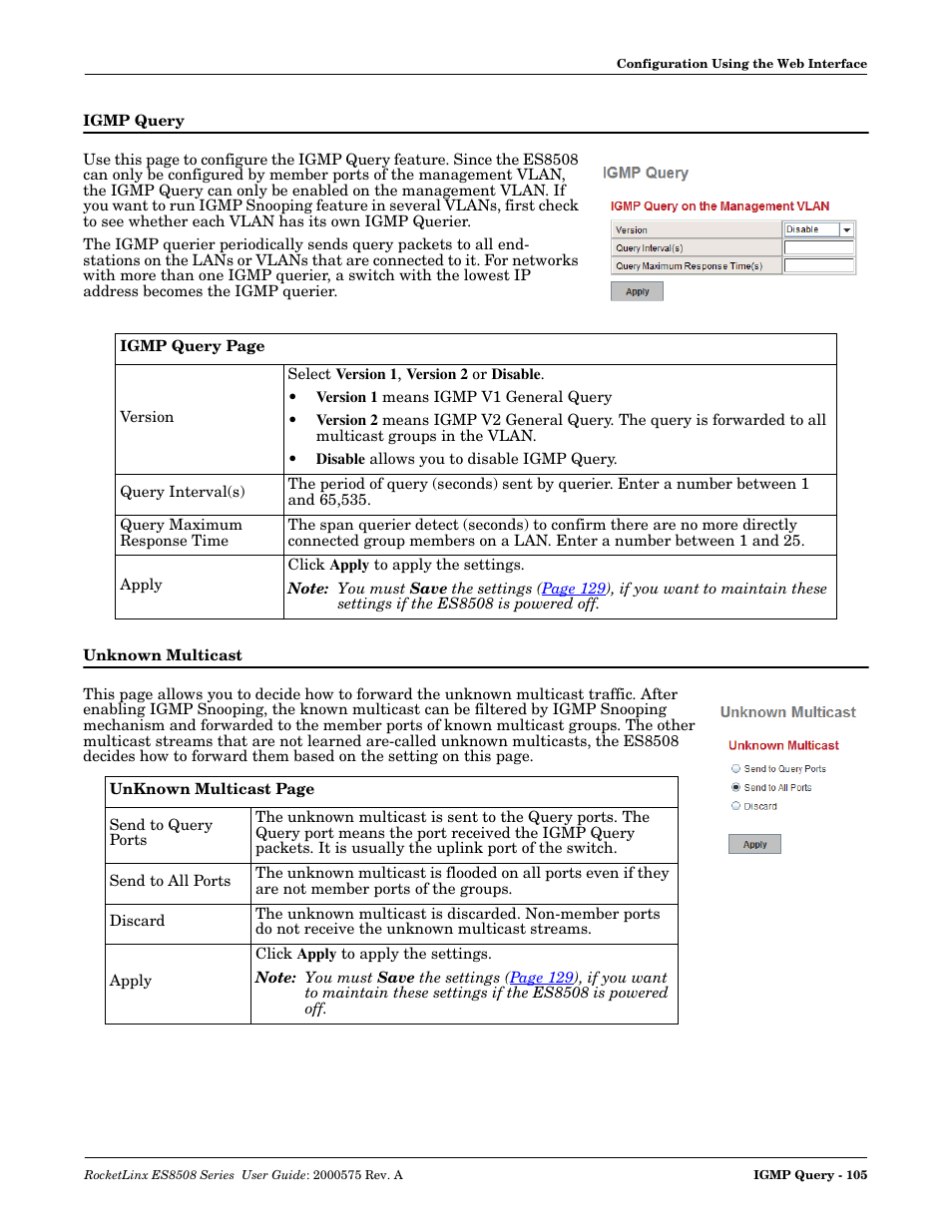 Igmp query, Unknown multicast, Igmp query unknown multicast | Comtrol ES8508 Series User Guide User Manual | Page 105 / 212