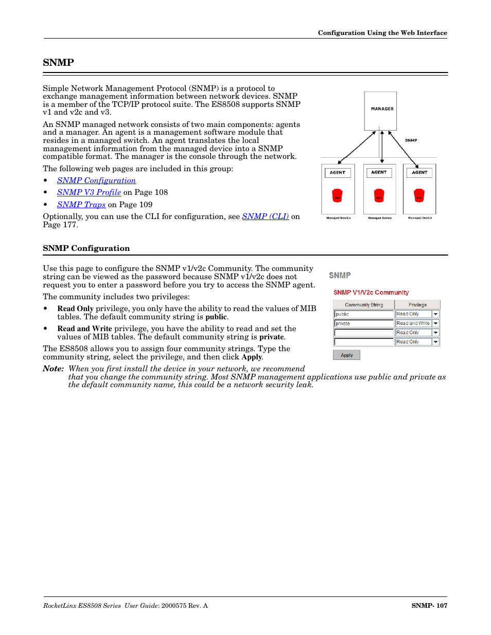 Snmp, Snmp configuration | Comtrol ES8508 Series User Guide User Manual | Page 107 / 212