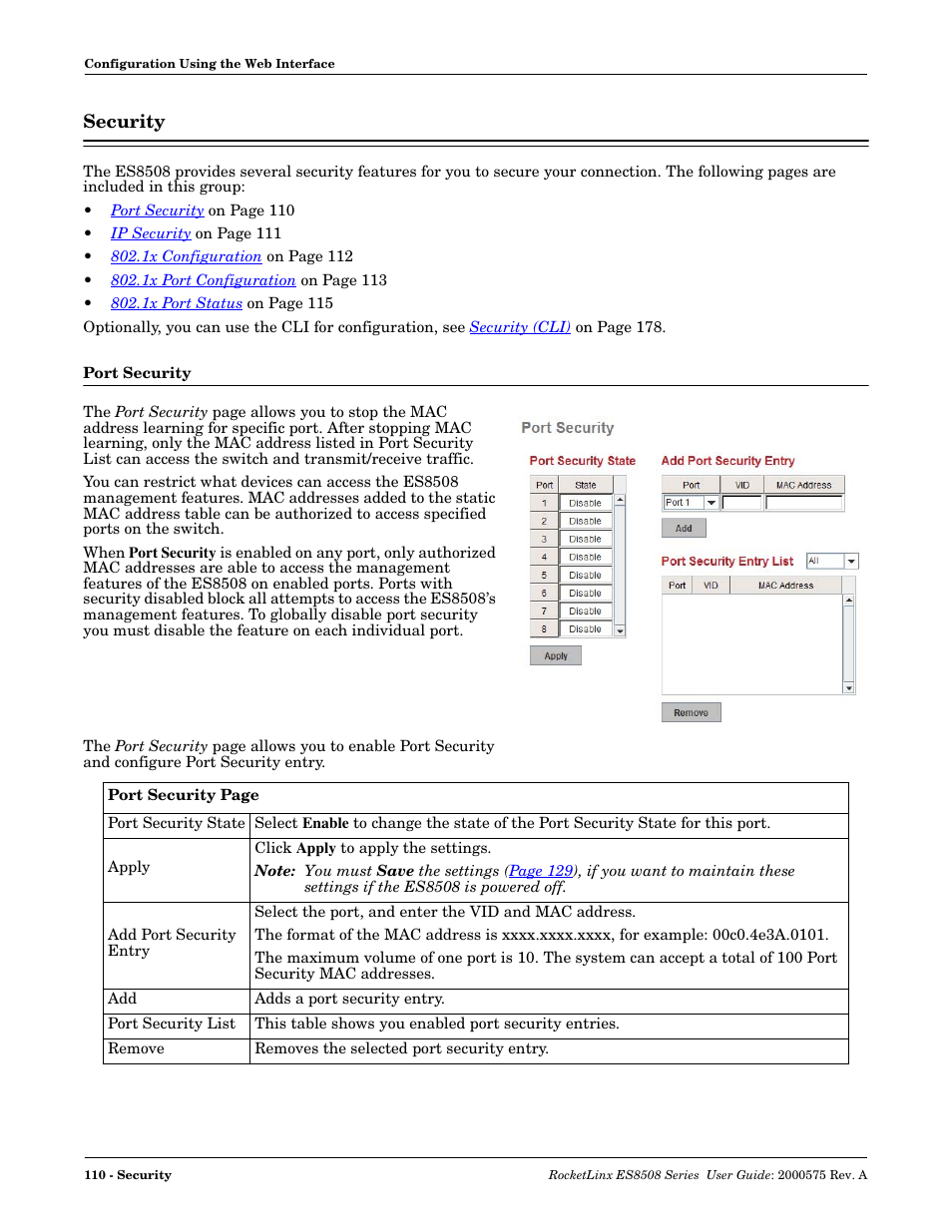 Security, Port security | Comtrol ES8508 Series User Guide User Manual | Page 110 / 212