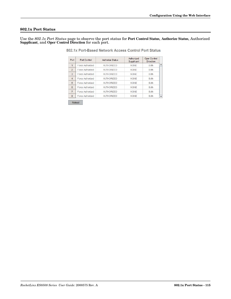 1x port status | Comtrol ES8508 Series User Guide User Manual | Page 115 / 212