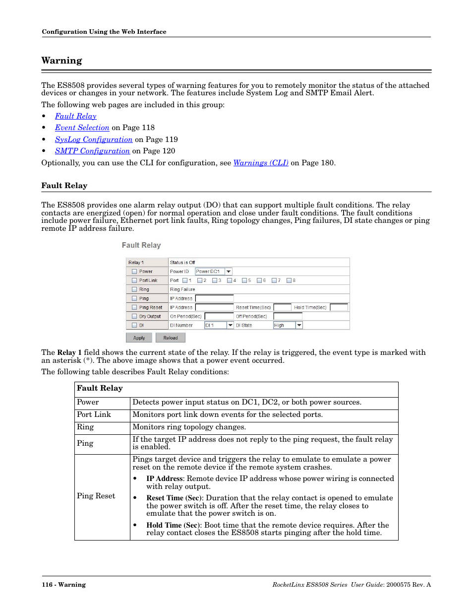 Warning, Fault relay, See the | Comtrol ES8508 Series User Guide User Manual | Page 116 / 212