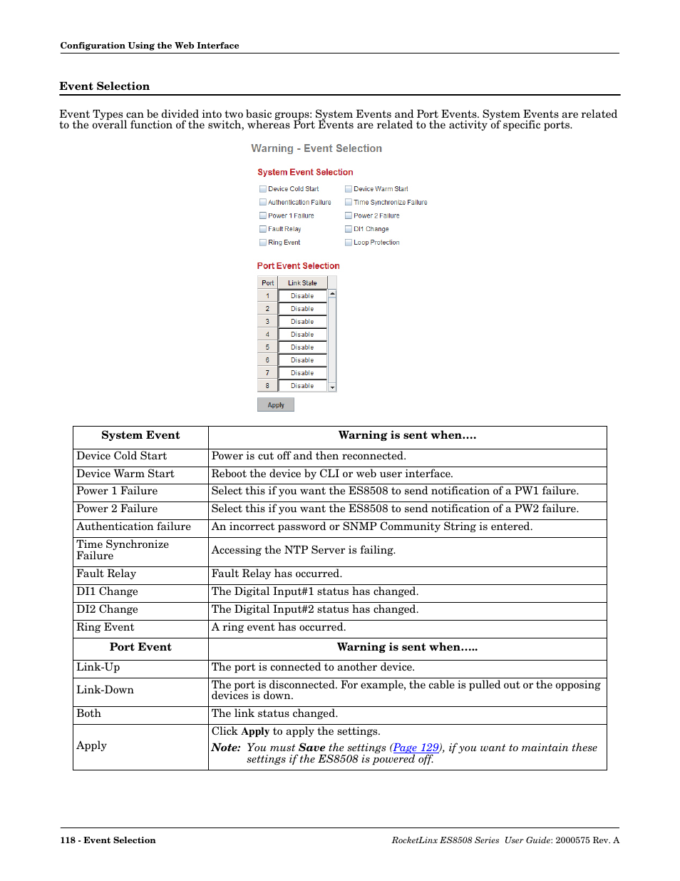 Event selection | Comtrol ES8508 Series User Guide User Manual | Page 118 / 212