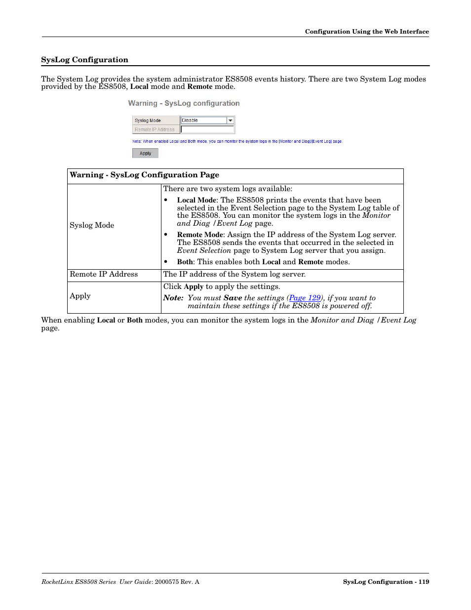 Syslog configuration | Comtrol ES8508 Series User Guide User Manual | Page 119 / 212