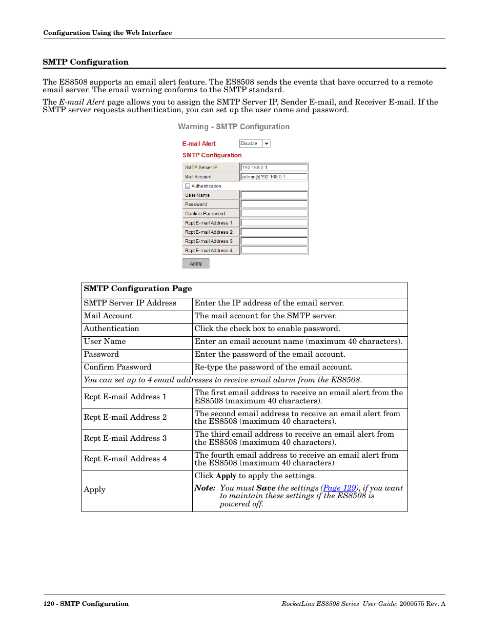 Smtp configuration | Comtrol ES8508 Series User Guide User Manual | Page 120 / 212