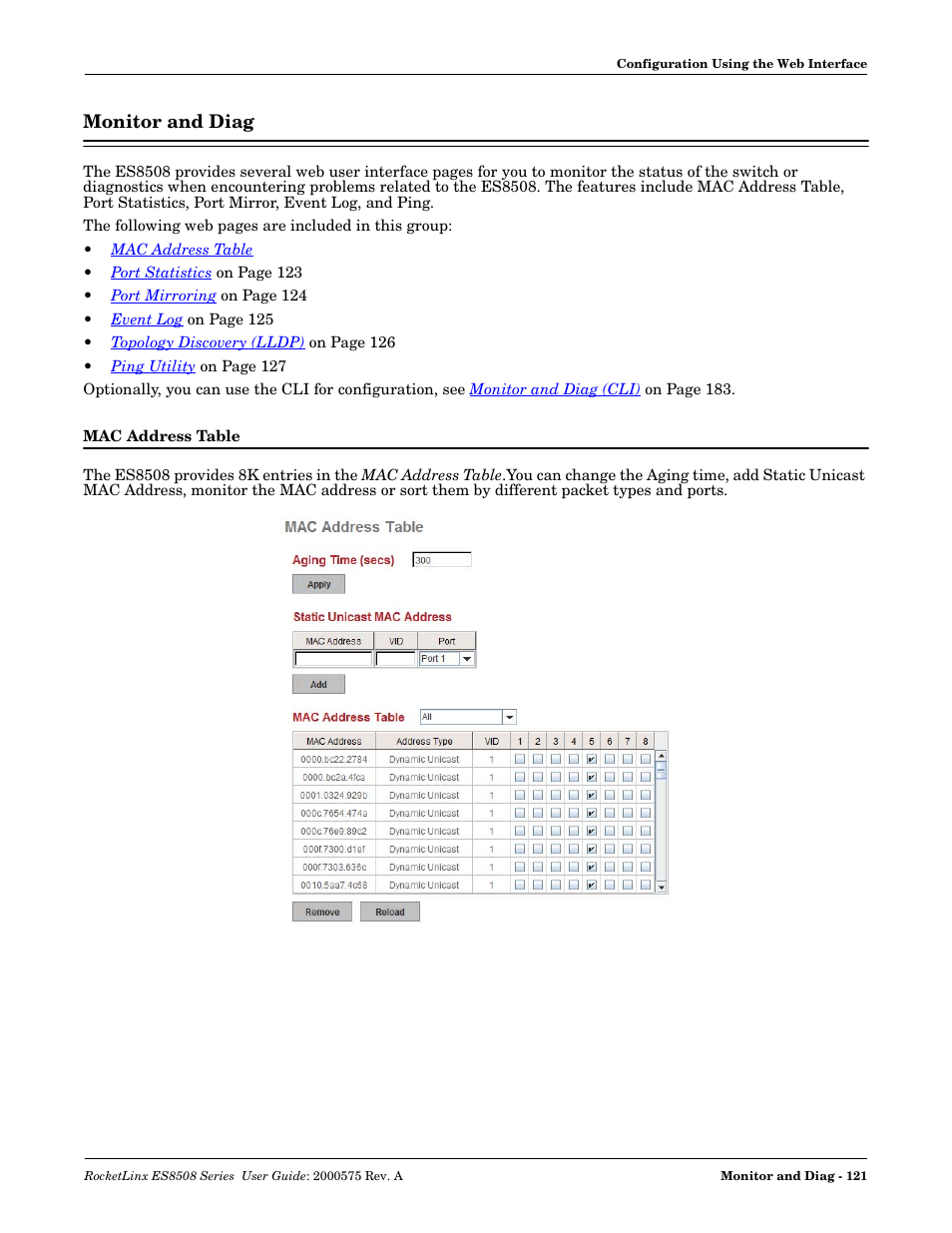 Monitor and diag, Mac address table | Comtrol ES8508 Series User Guide User Manual | Page 121 / 212