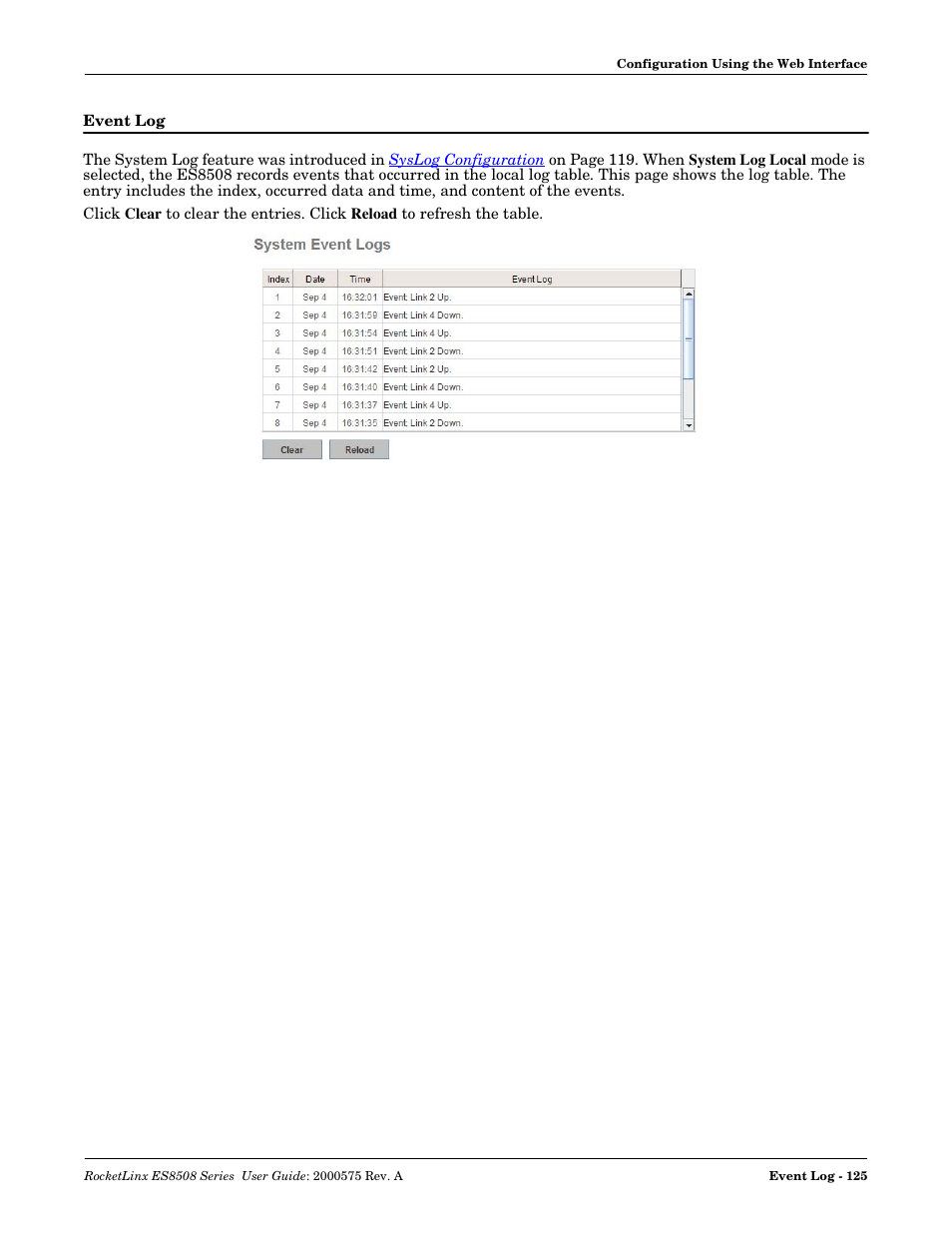 Event log | Comtrol ES8508 Series User Guide User Manual | Page 125 / 212