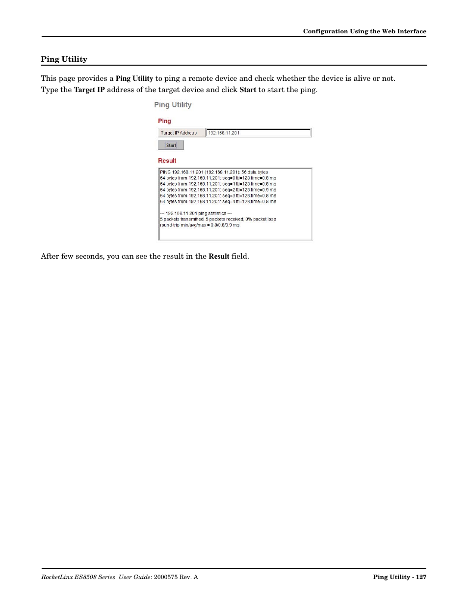 Ping utility | Comtrol ES8508 Series User Guide User Manual | Page 127 / 212