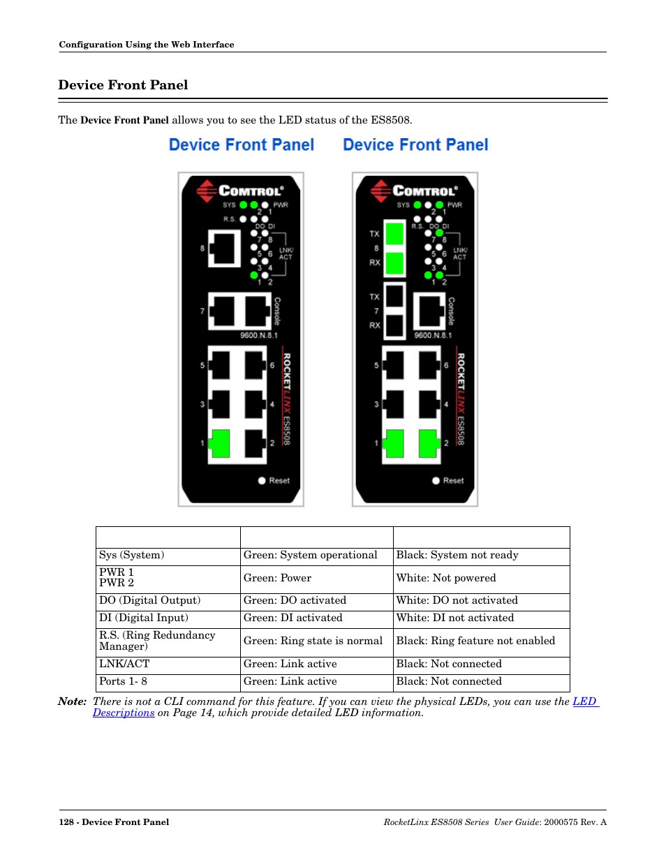 Device front panel | Comtrol ES8508 Series User Guide User Manual | Page 128 / 212