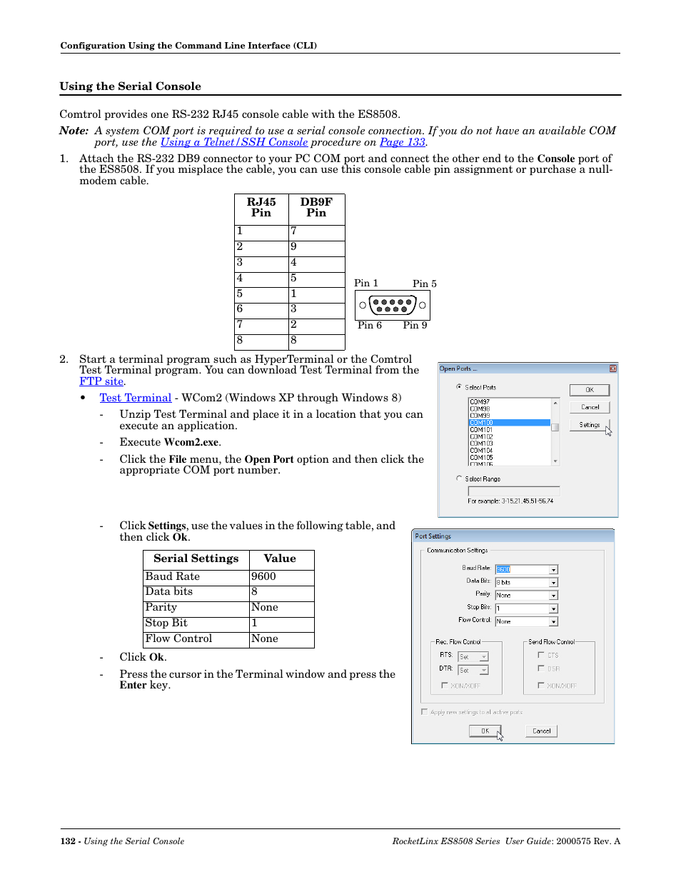 Using the serial console | Comtrol ES8508 Series User Guide User Manual | Page 132 / 212