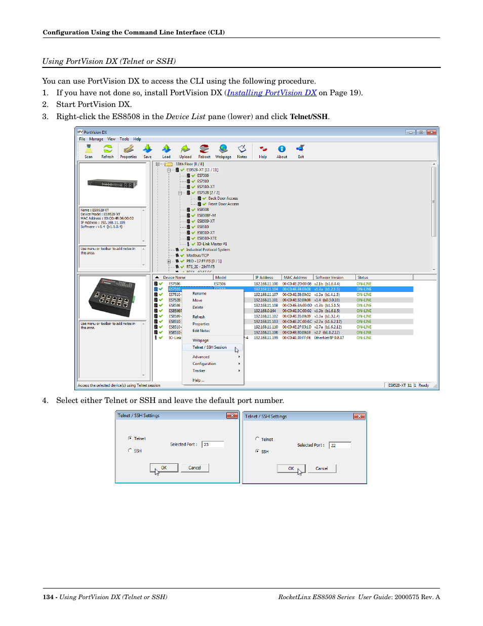 Using portvision dx (telnet or ssh) | Comtrol ES8508 Series User Guide User Manual | Page 134 / 212