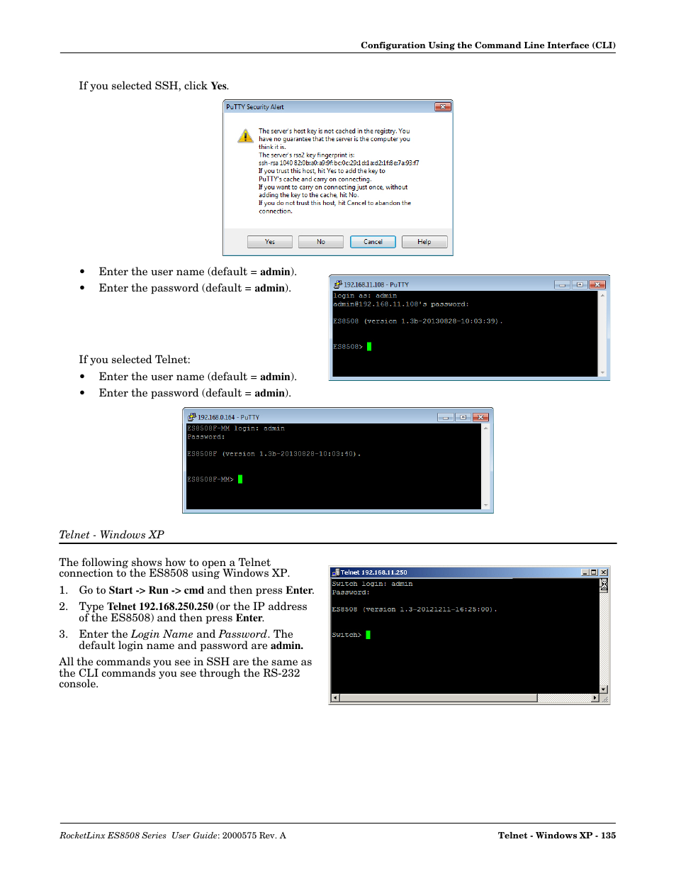 Telnet - windows xp | Comtrol ES8508 Series User Guide User Manual | Page 135 / 212