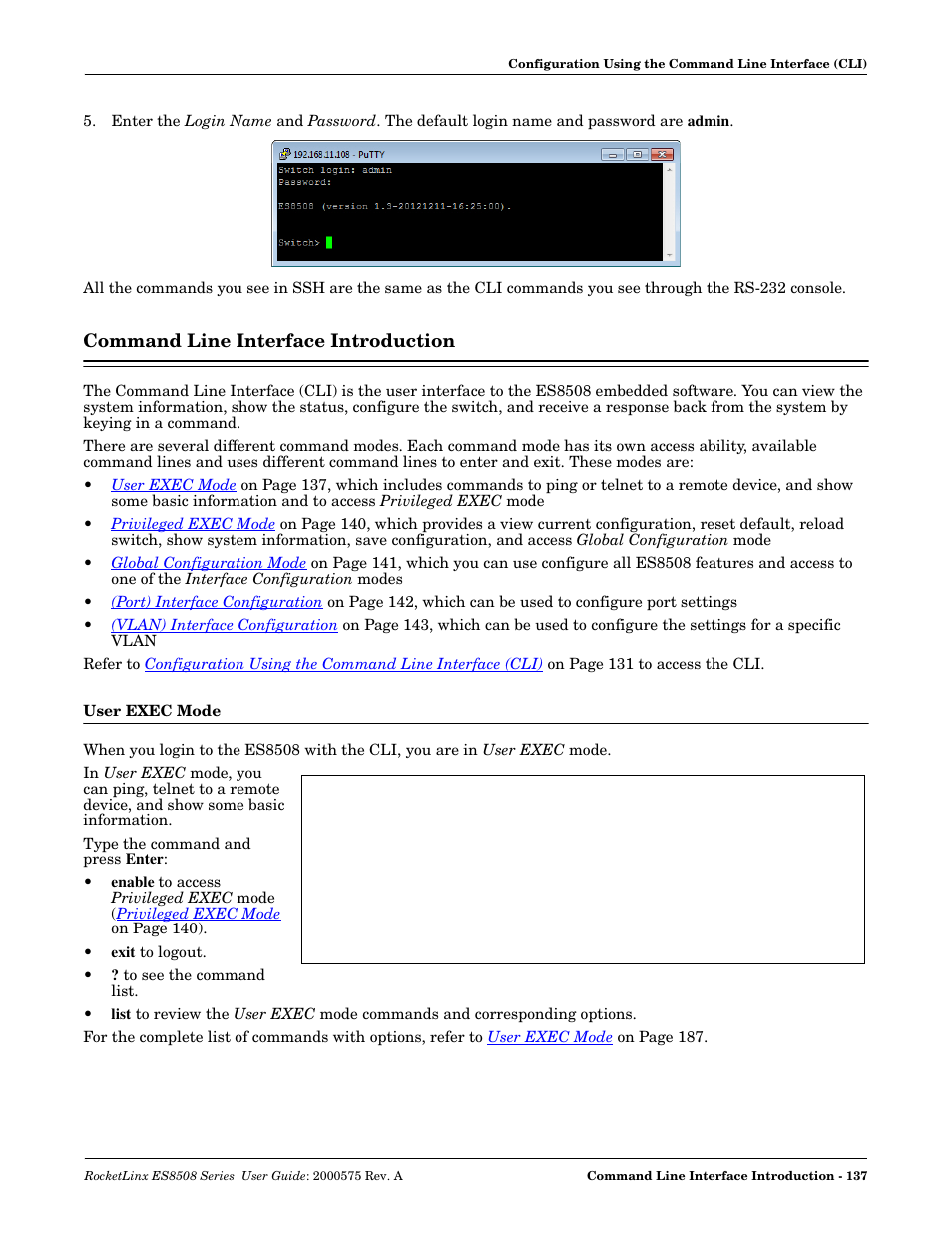 Command line interface introduction, User exec mode | Comtrol ES8508 Series User Guide User Manual | Page 137 / 212