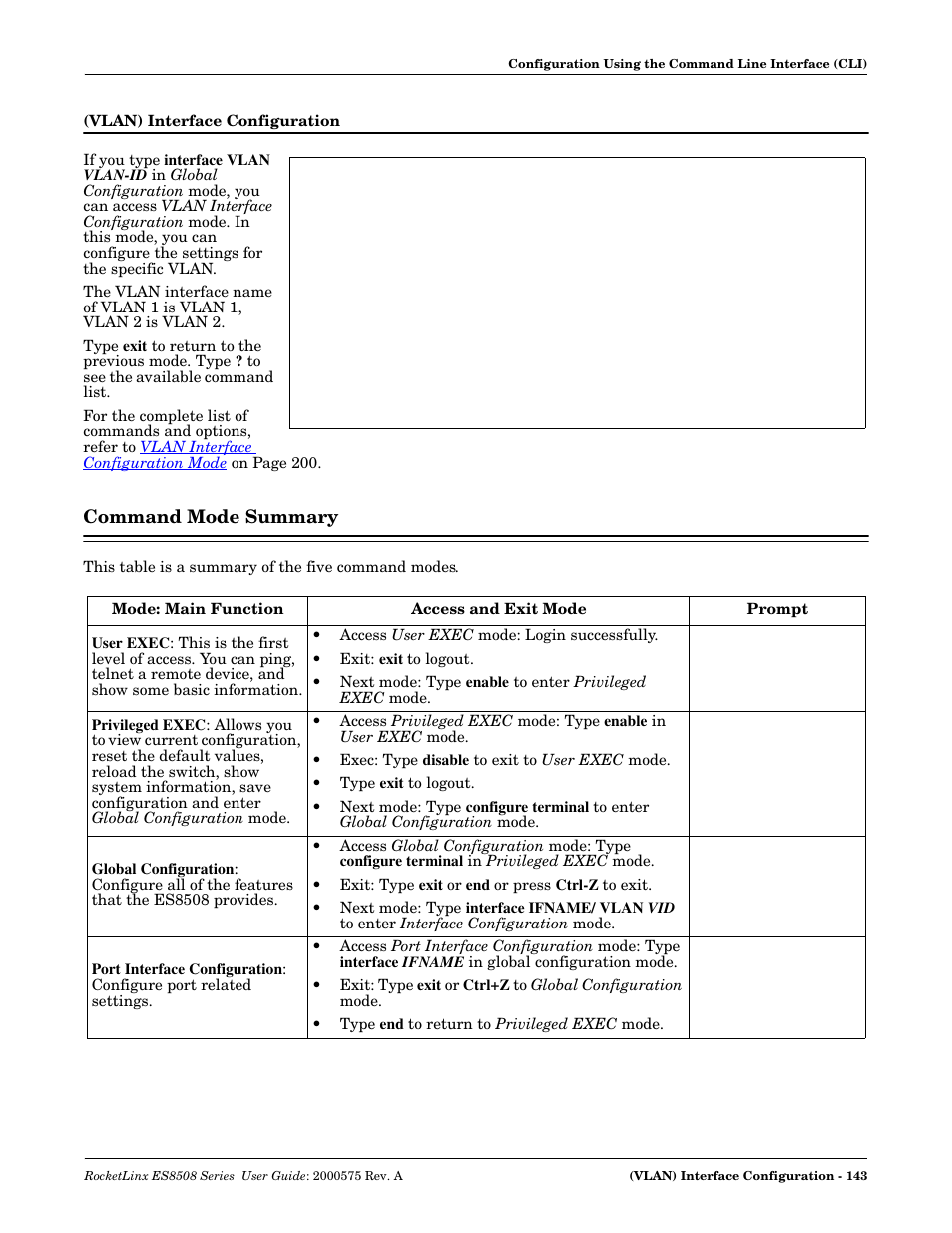 Vlan) interface configuration, Command mode summary | Comtrol ES8508 Series User Guide User Manual | Page 143 / 212