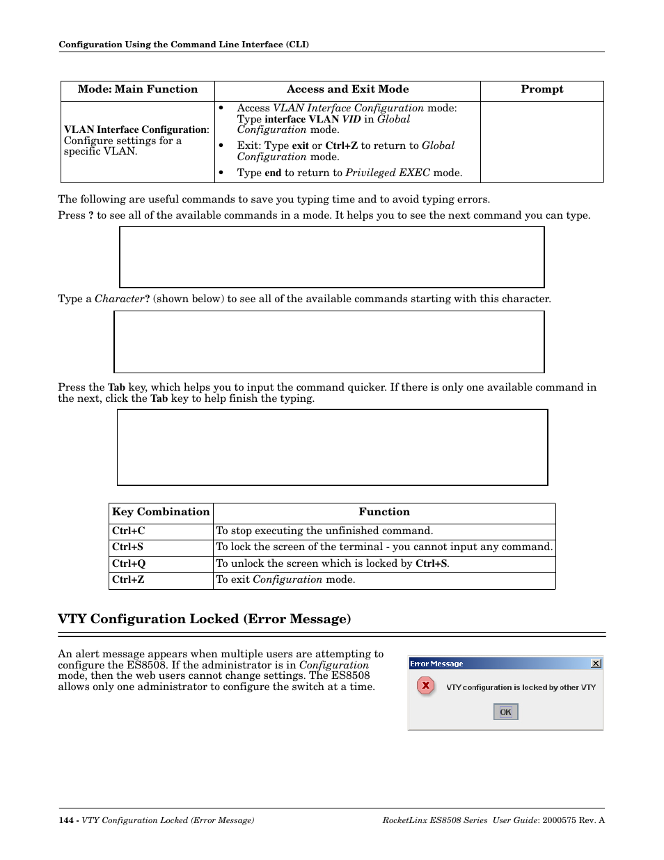 Vty configuration locked (error message) | Comtrol ES8508 Series User Guide User Manual | Page 144 / 212