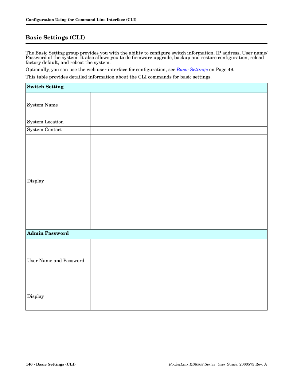 Basic settings (cli) | Comtrol ES8508 Series User Guide User Manual | Page 146 / 212