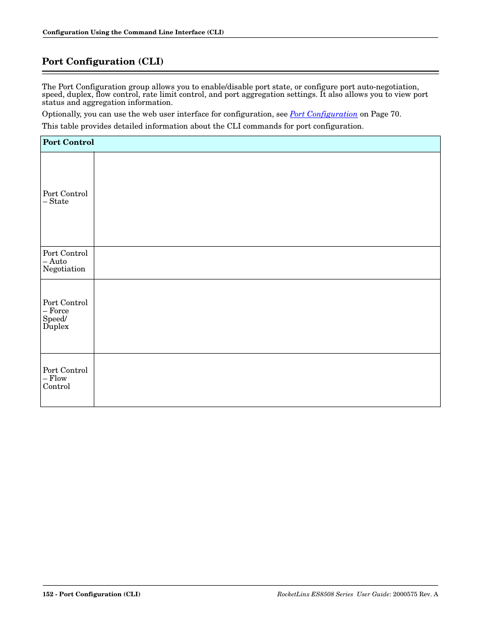 Port configuration (cli) | Comtrol ES8508 Series User Guide User Manual | Page 152 / 212