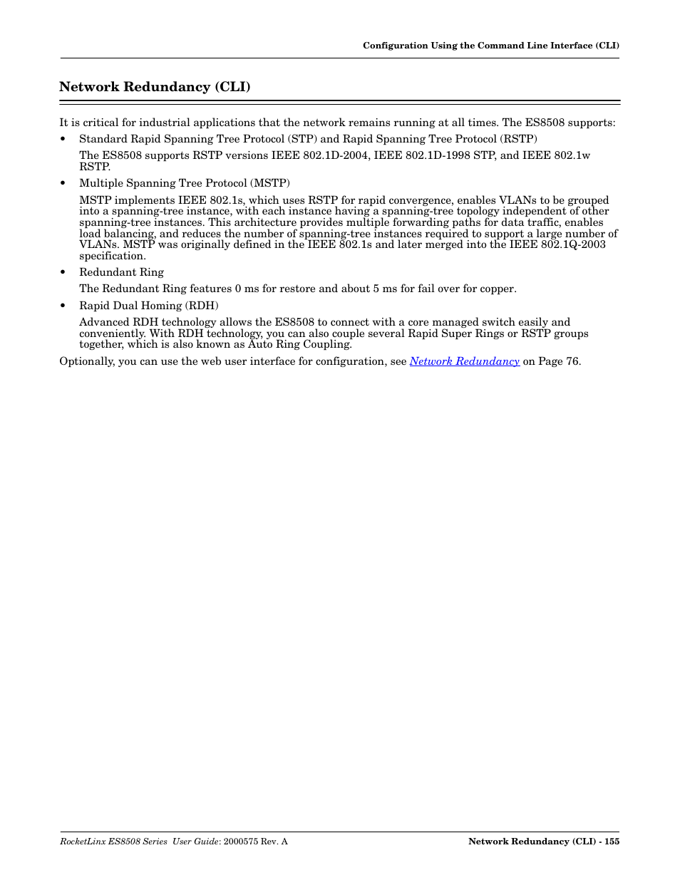 Network redundancy (cli) | Comtrol ES8508 Series User Guide User Manual | Page 155 / 212