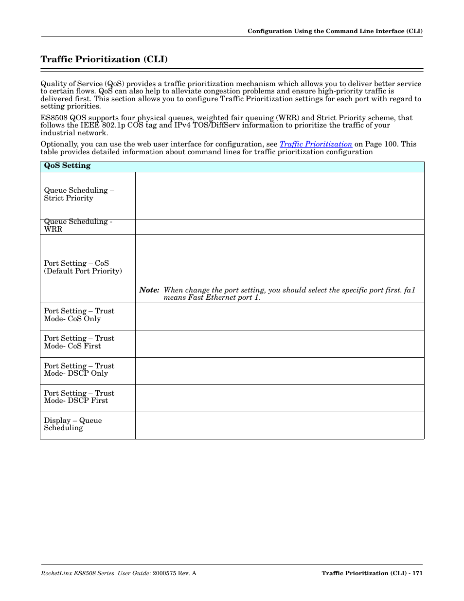 Traffic prioritization (cli) | Comtrol ES8508 Series User Guide User Manual | Page 171 / 212