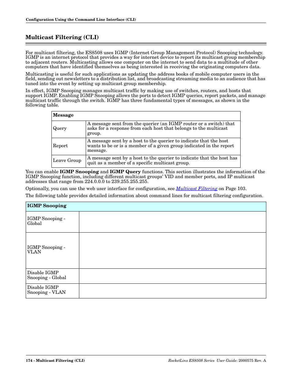 Multicast filtering (cli) | Comtrol ES8508 Series User Guide User Manual | Page 174 / 212