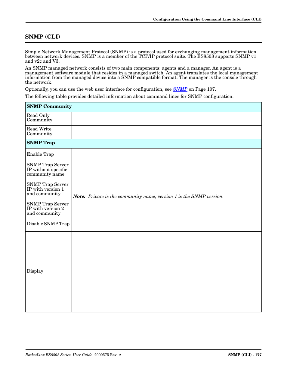 Snmp (cli) | Comtrol ES8508 Series User Guide User Manual | Page 177 / 212
