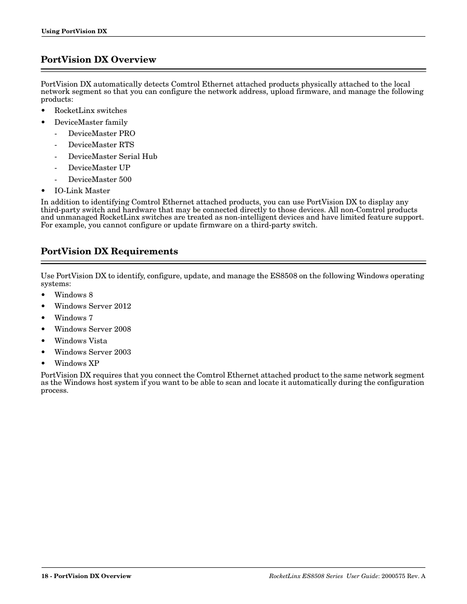 Portvision dx overview, Portvision dx requirements, Portvision dx overview portvision dx requirements | Comtrol ES8508 Series User Guide User Manual | Page 18 / 212