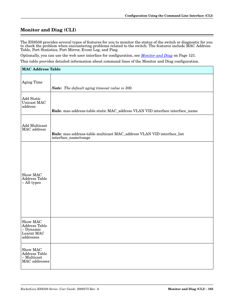 Monitor and diag (cli) | Comtrol ES8508 Series User Guide User Manual | Page 183 / 212