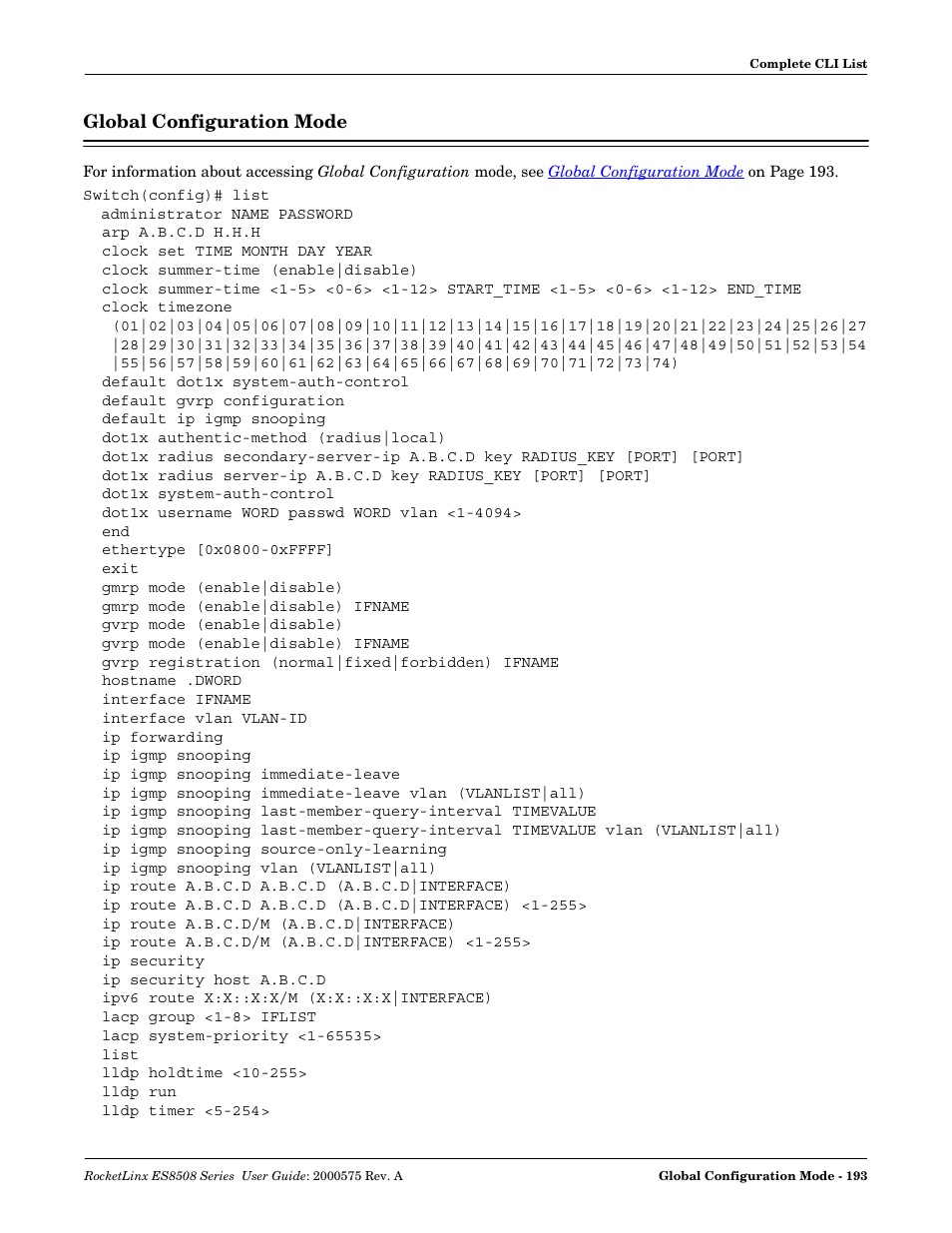 Global configuration mode | Comtrol ES8508 Series User Guide User Manual | Page 193 / 212