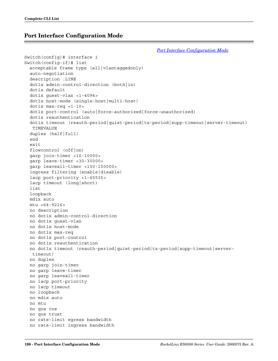 Port interface configuration mode | Comtrol ES8508 Series User Guide User Manual | Page 198 / 212