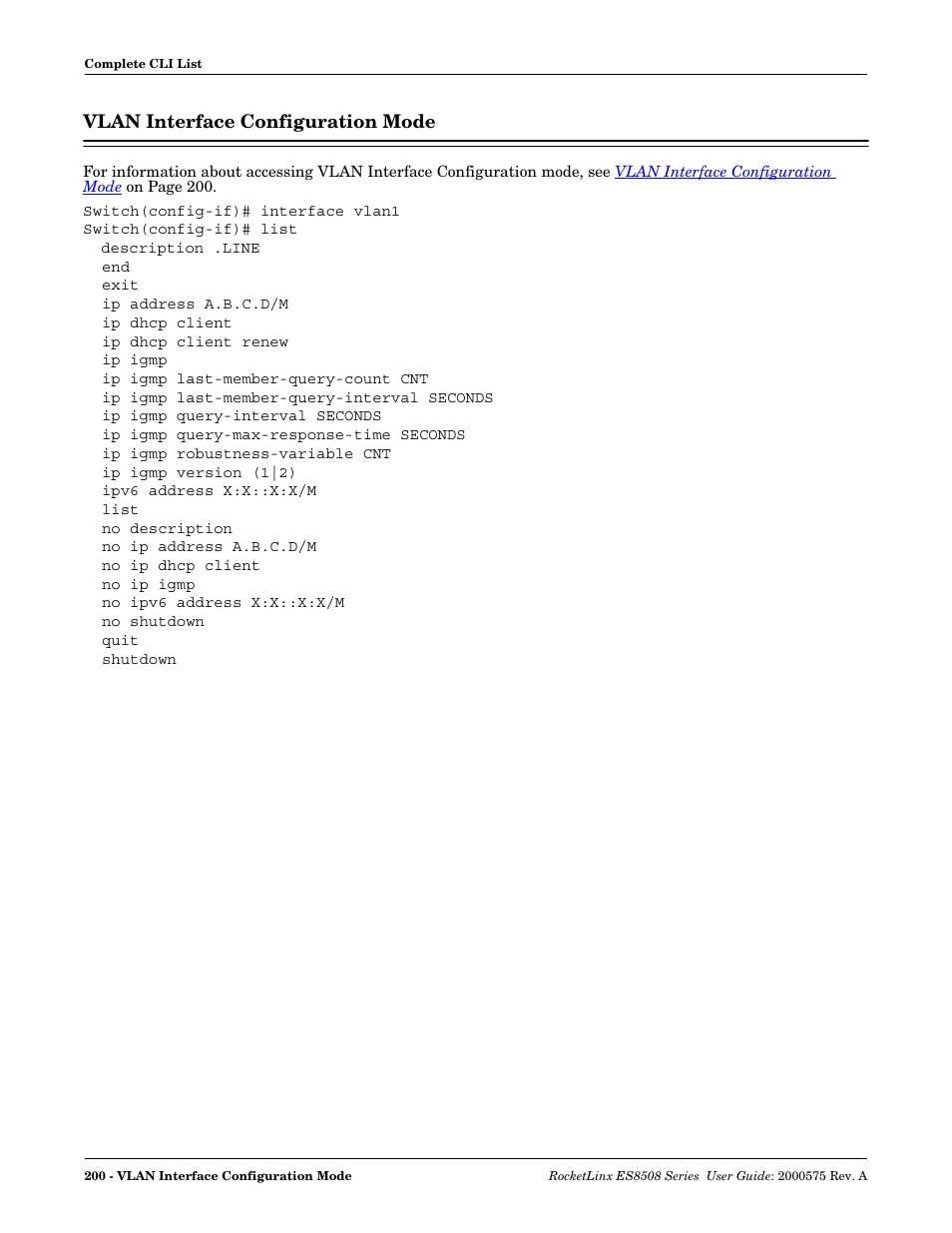 Vlan interface configuration mode, Refer to, Vlan interface | Configuration mode | Comtrol ES8508 Series User Guide User Manual | Page 200 / 212