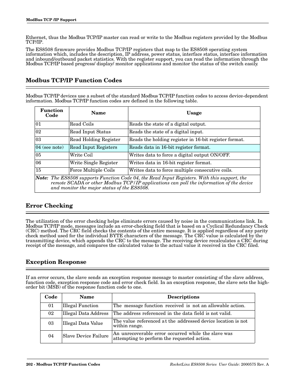 Modbus tcp/ip function codes, Error checking, Exception response | Comtrol ES8508 Series User Guide User Manual | Page 202 / 212