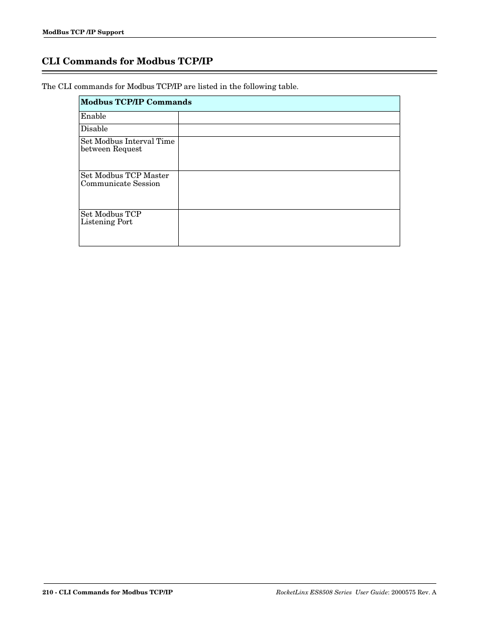 Cli commands for modbus tcp/ip | Comtrol ES8508 Series User Guide User Manual | Page 210 / 212