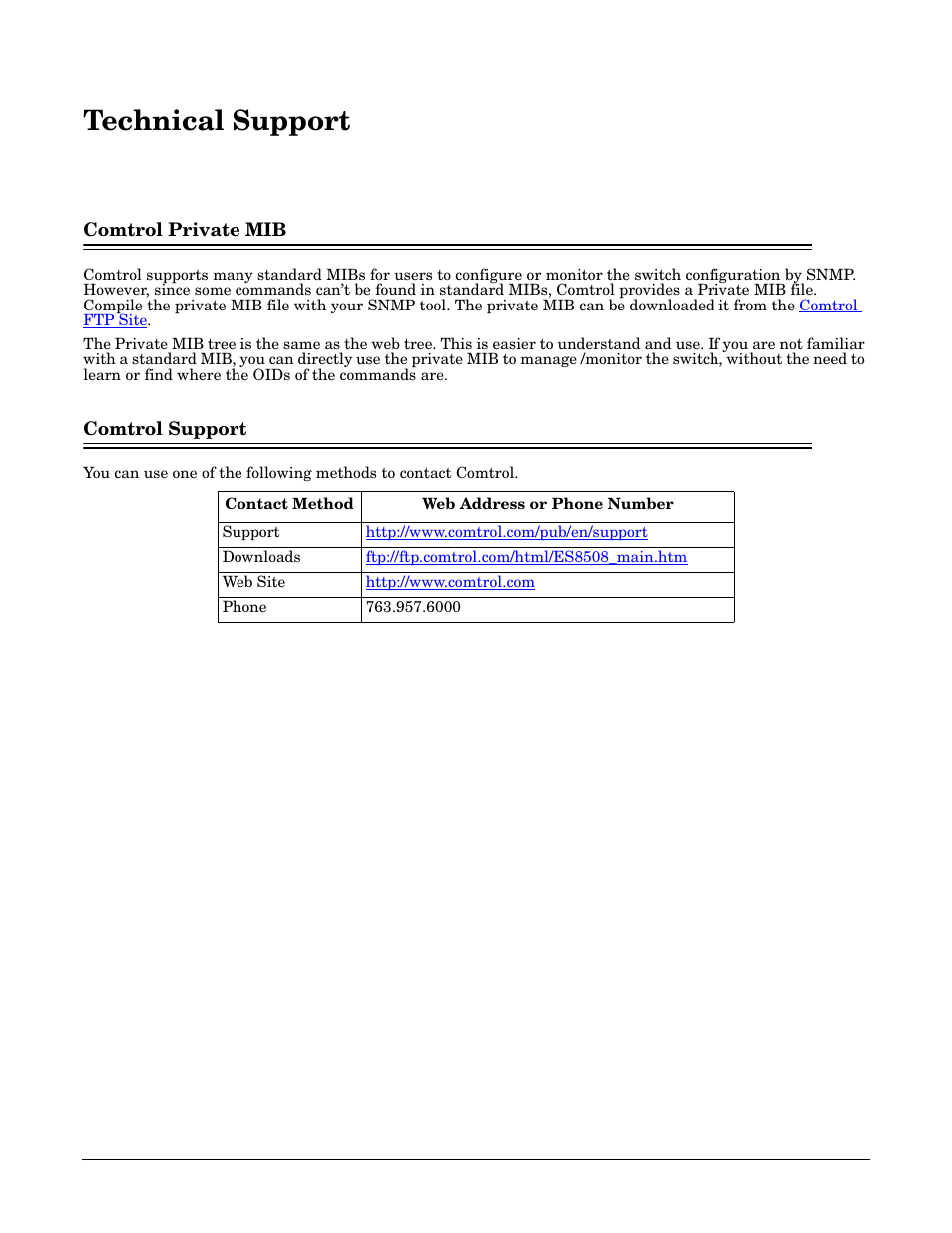 Technical support, Comtrol private mib, Comtrol support | Comtrol private mib comtrol support | Comtrol ES8508 Series User Guide User Manual | Page 211 / 212