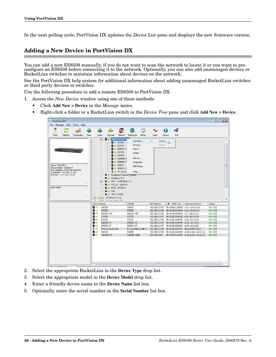 Adding a new device in portvision dx | Comtrol ES8508 Series User Guide User Manual | Page 28 / 212