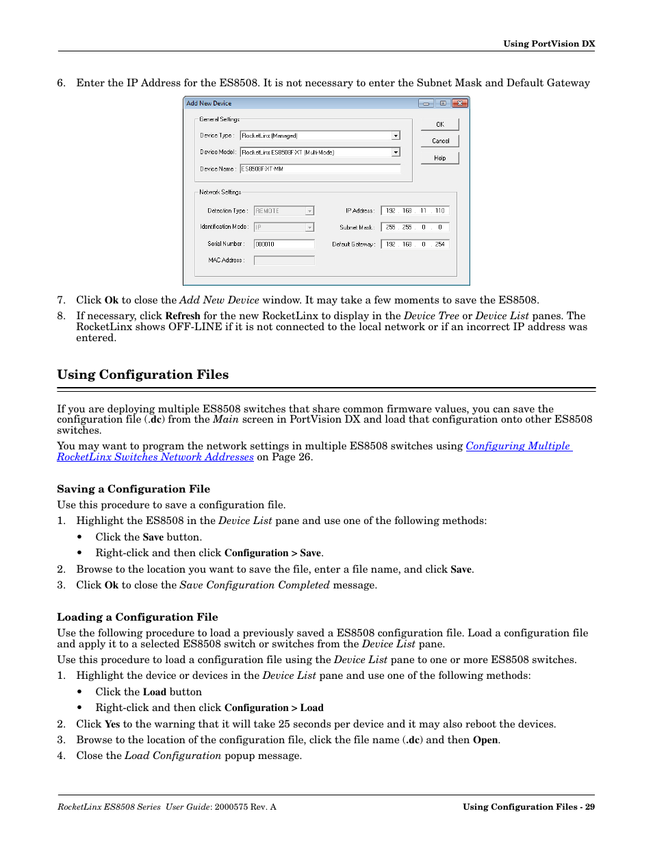 Using configuration files, Saving a configuration file, Loading a configuration file | Using configuration, Files | Comtrol ES8508 Series User Guide User Manual | Page 29 / 212